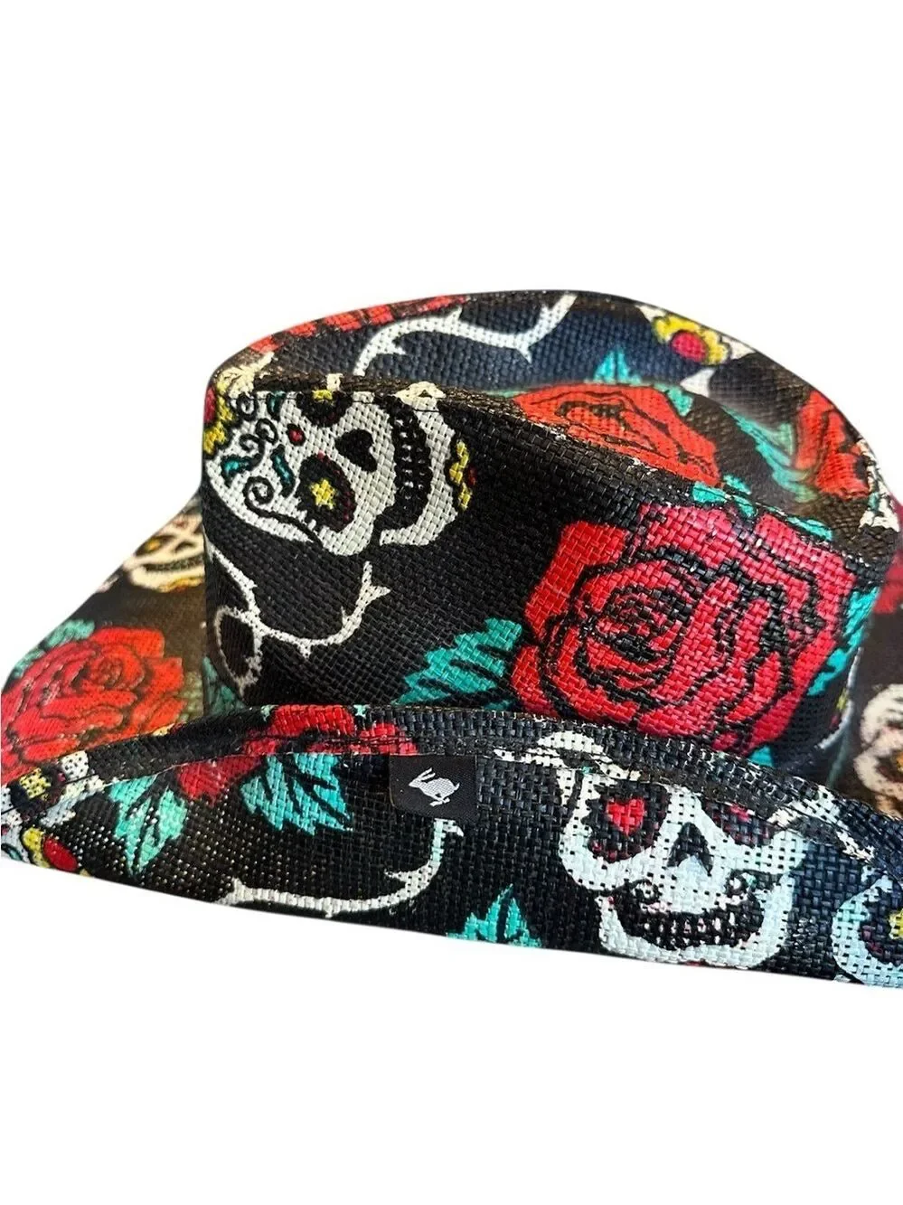Peter Grimm Cowboy Hat Sugar Skulls/Rose Print Black Cotton Western Cowgirl EUC